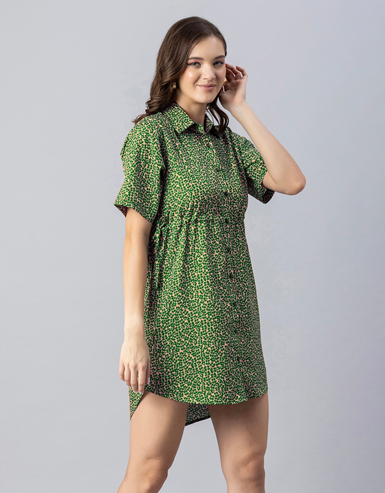Printed Elbow Sleeves Collared Dress