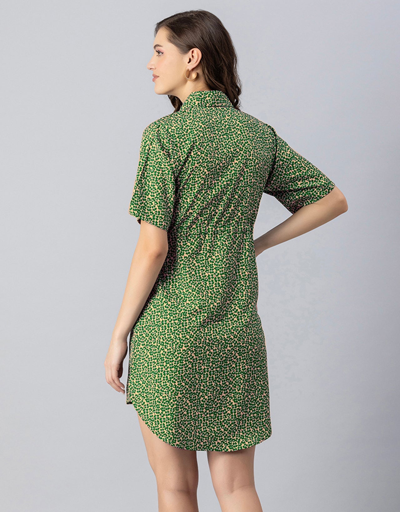 Printed Elbow Sleeves Collared Dress