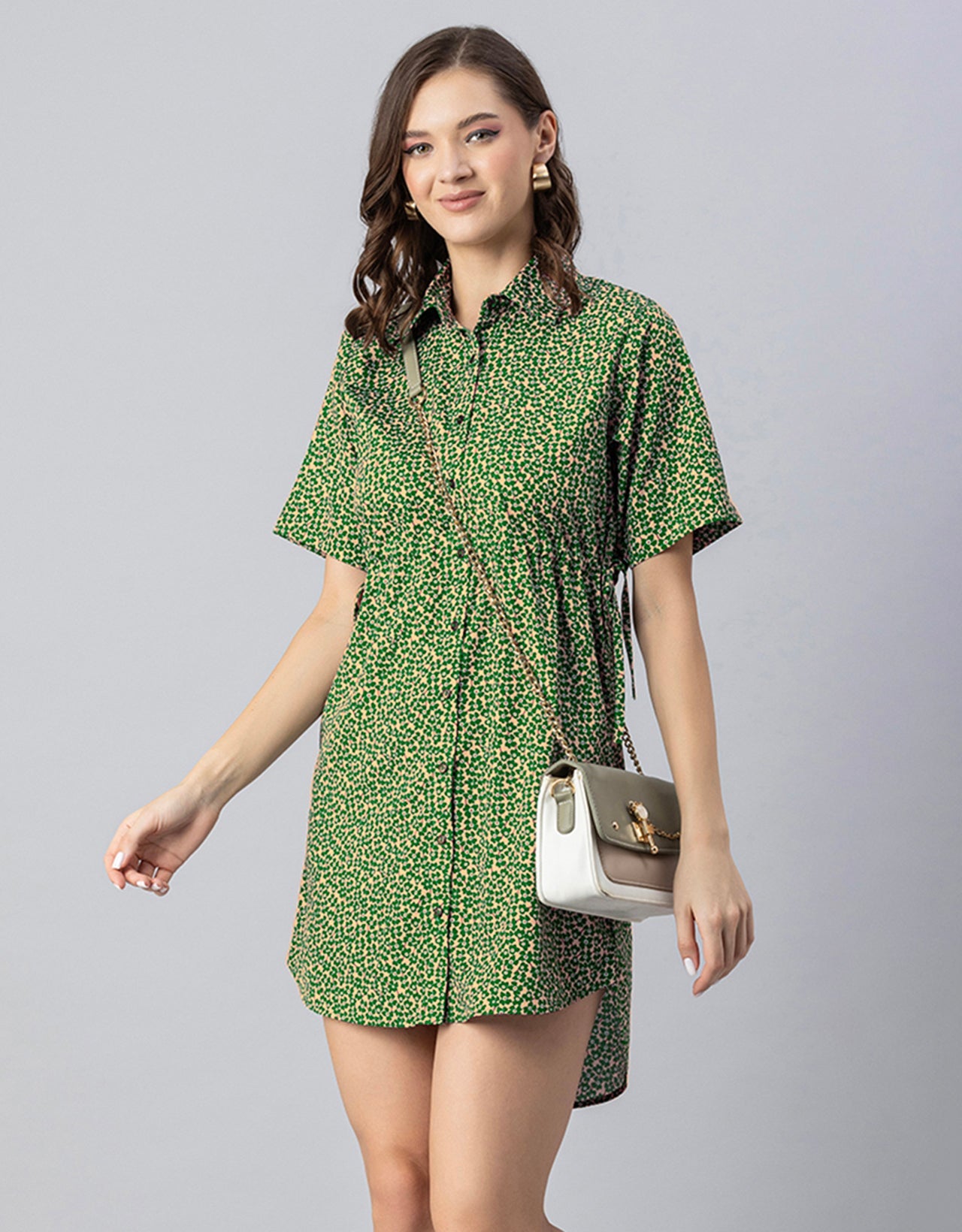 Printed Elbow Sleeves Collared Dress