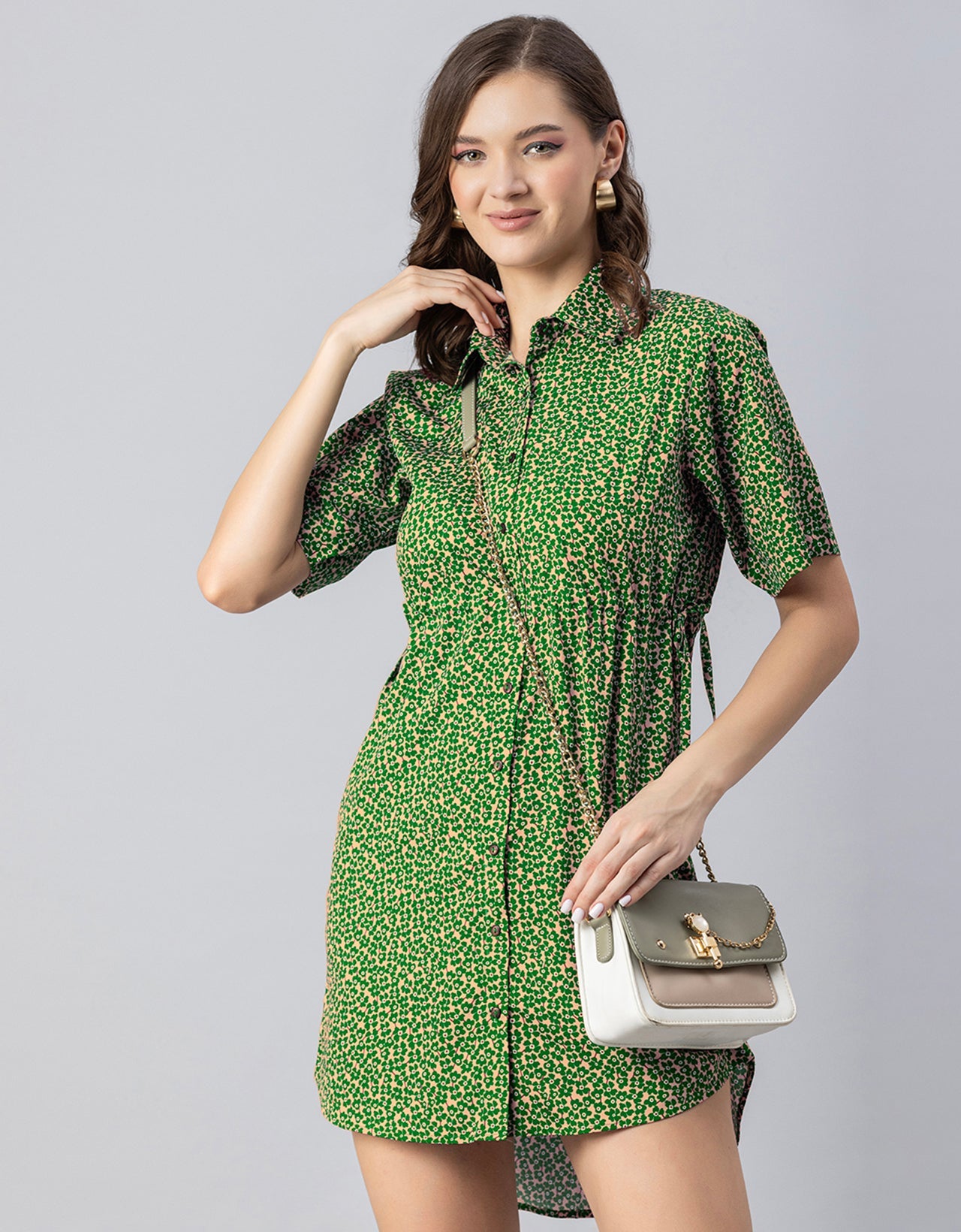 Printed Elbow Sleeves Collared Dress