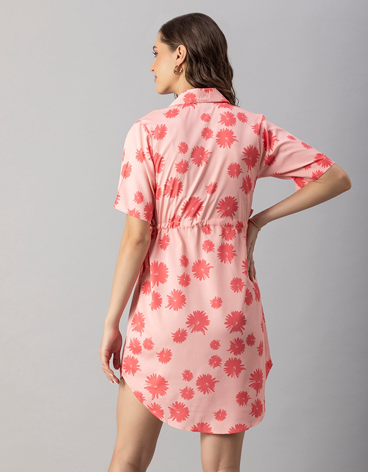 Printed Elbow Sleeves Collared Dress