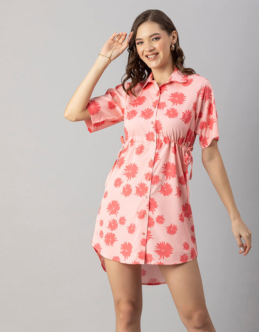 Printed Elbow Sleeves Collared Dress
