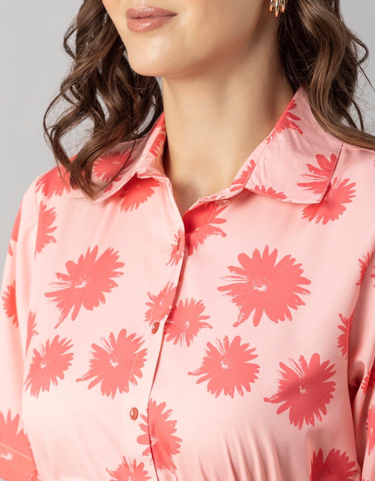 Printed Elbow Sleeves Collared Dress