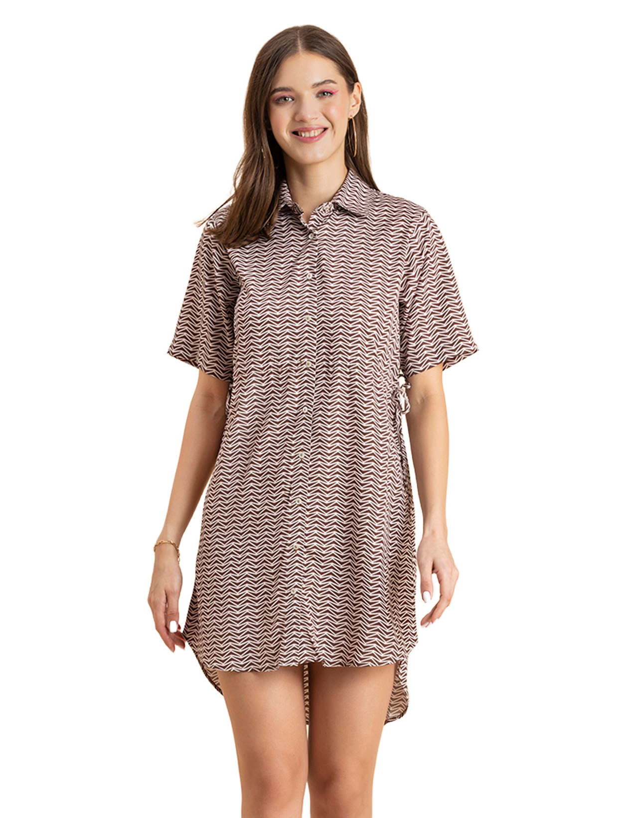 Printed Elbow Sleeves Collared Dress