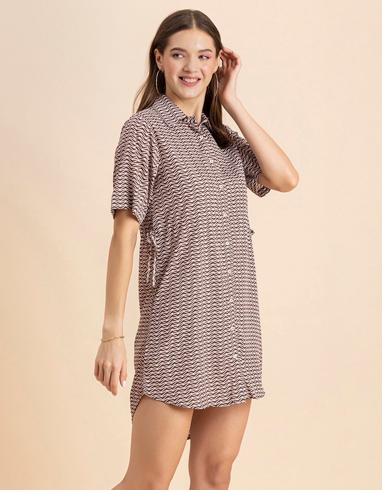 Printed Elbow Sleeves Collared Dress