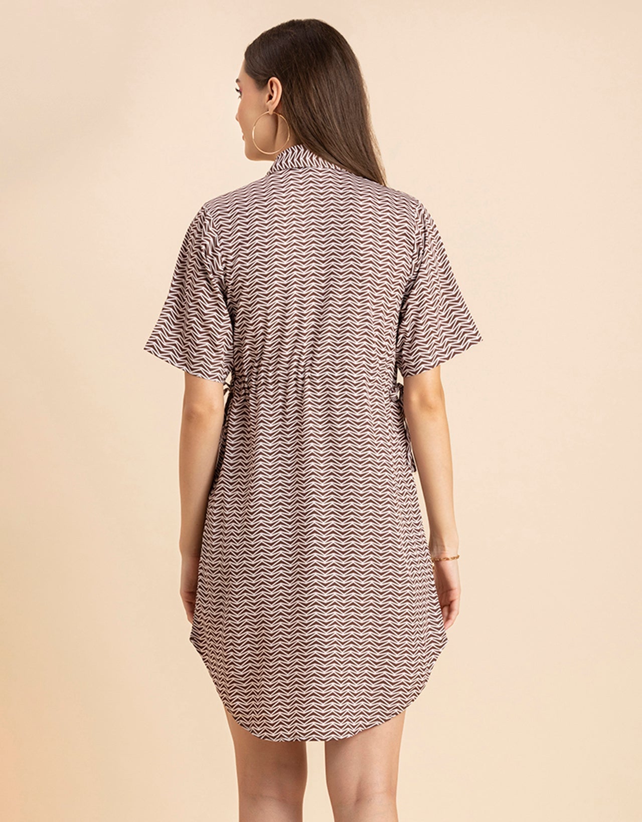 Printed Elbow Sleeves Collared Dress