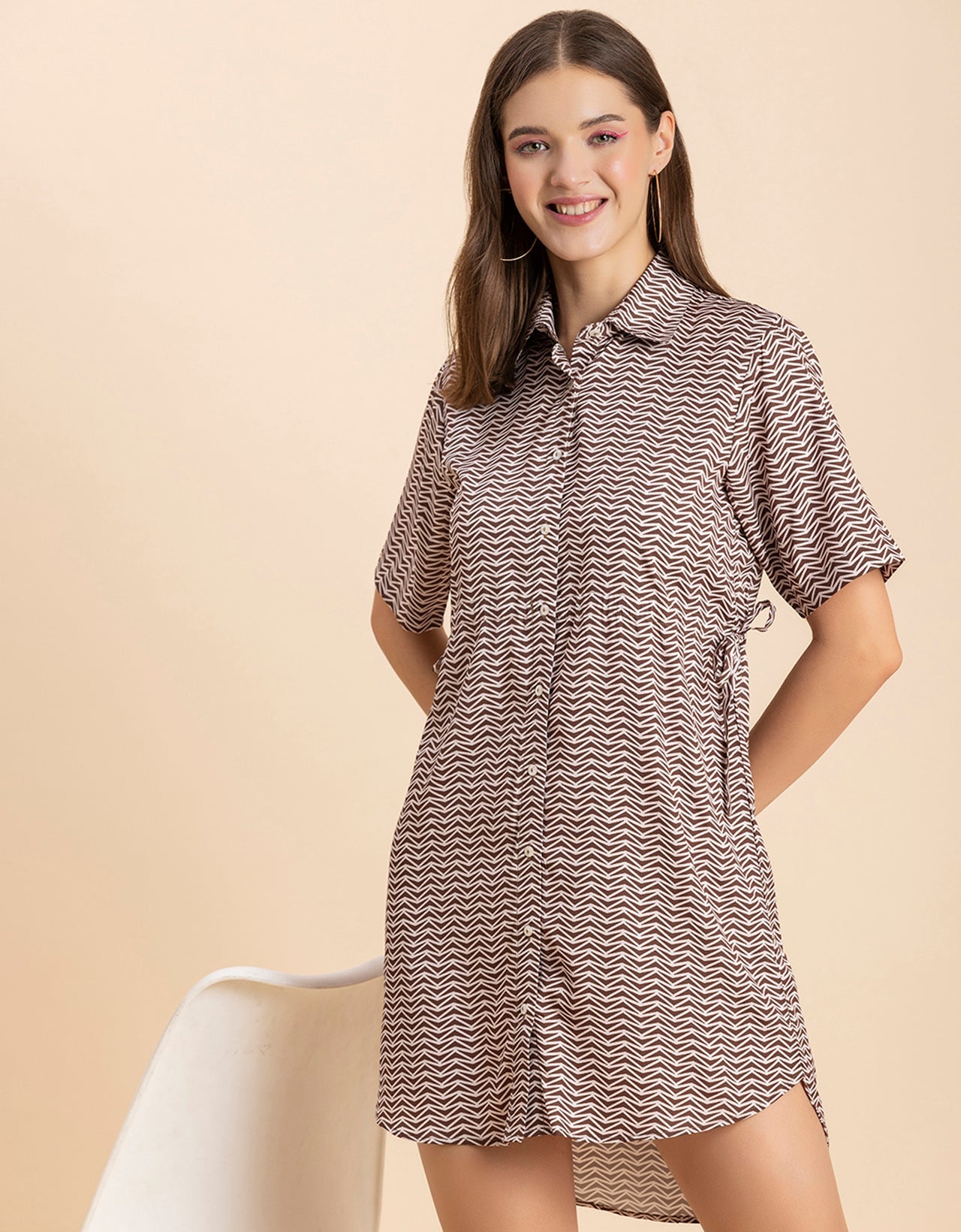 Printed Elbow Sleeves Collared Dress
