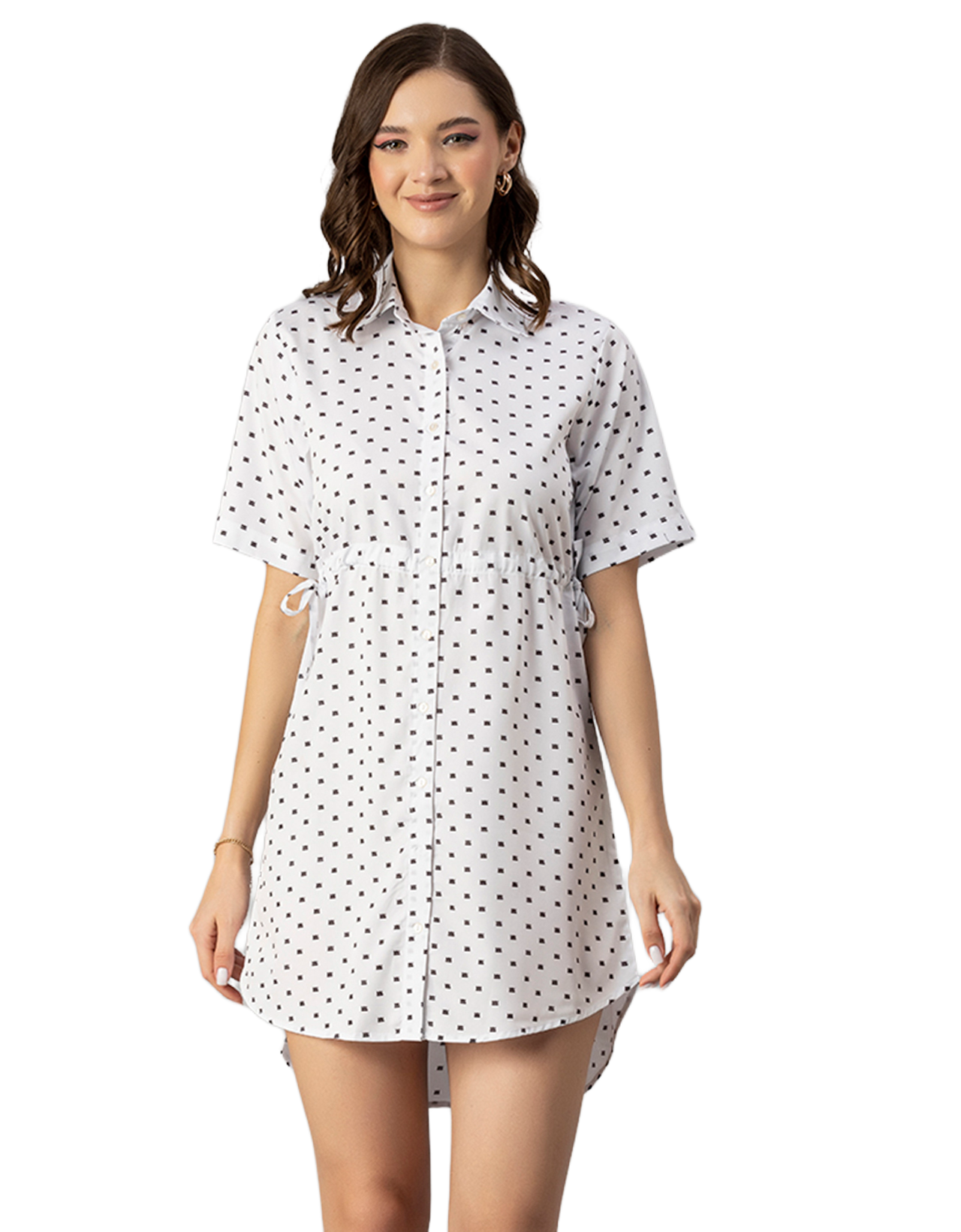Printed Elbow Sleeves Collared Dress