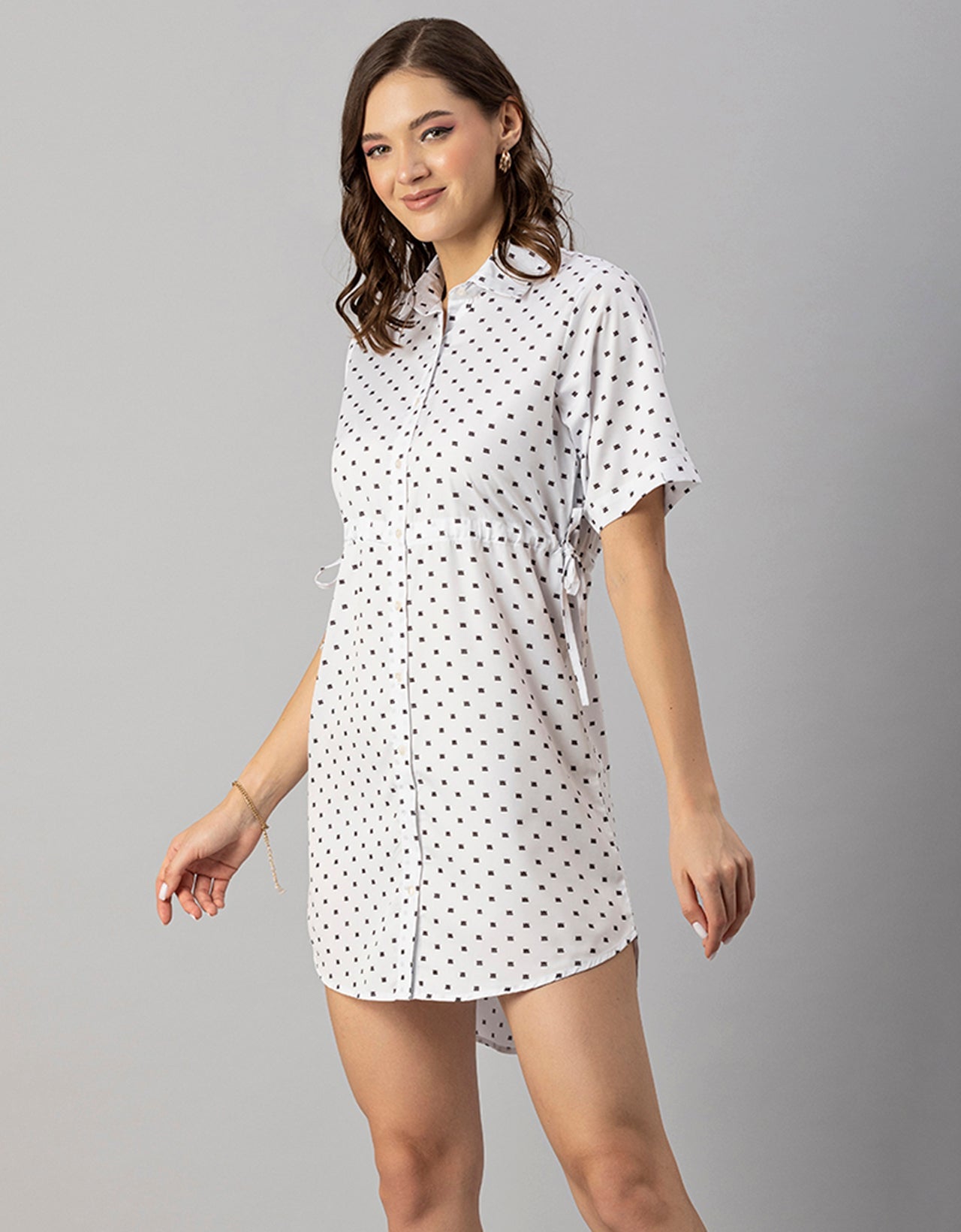 Printed Elbow Sleeves Collared Dress