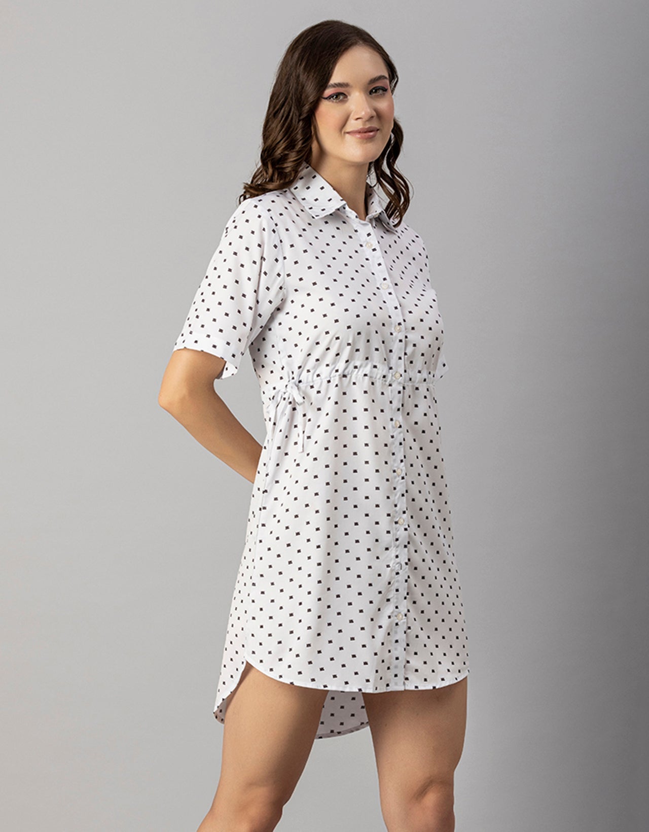 Printed Elbow Sleeves Collared Dress