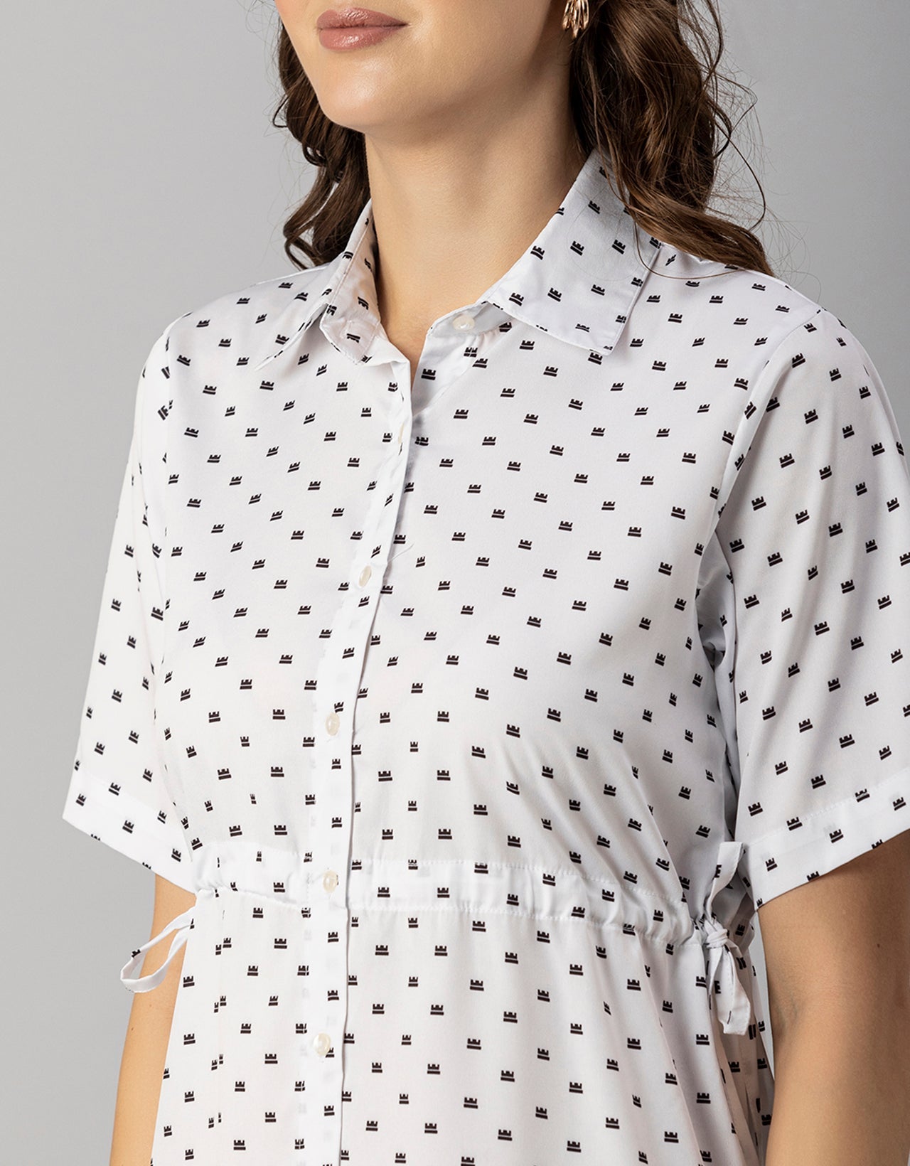 Printed Elbow Sleeves Collared Dress