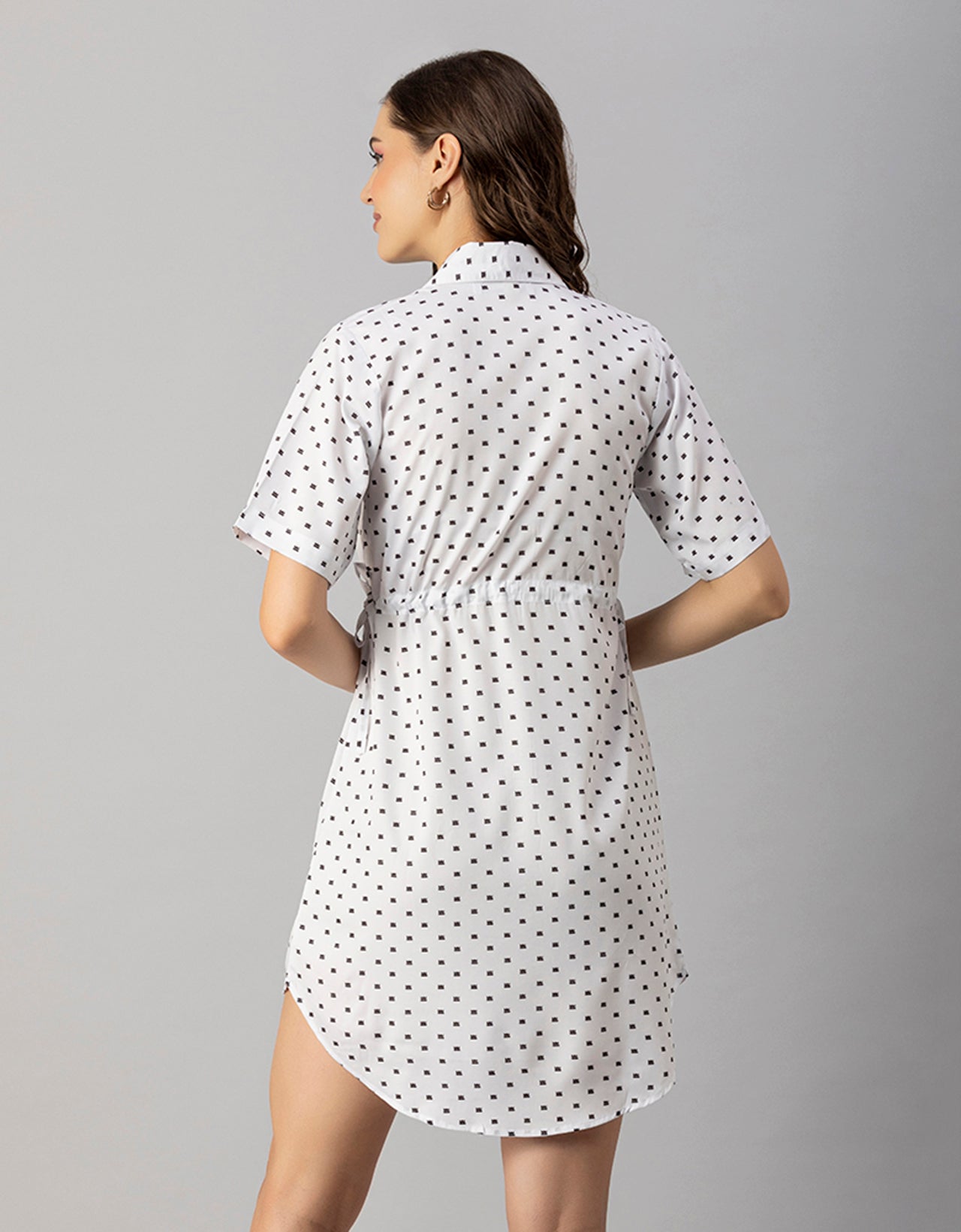 Printed Elbow Sleeves Collared Dress