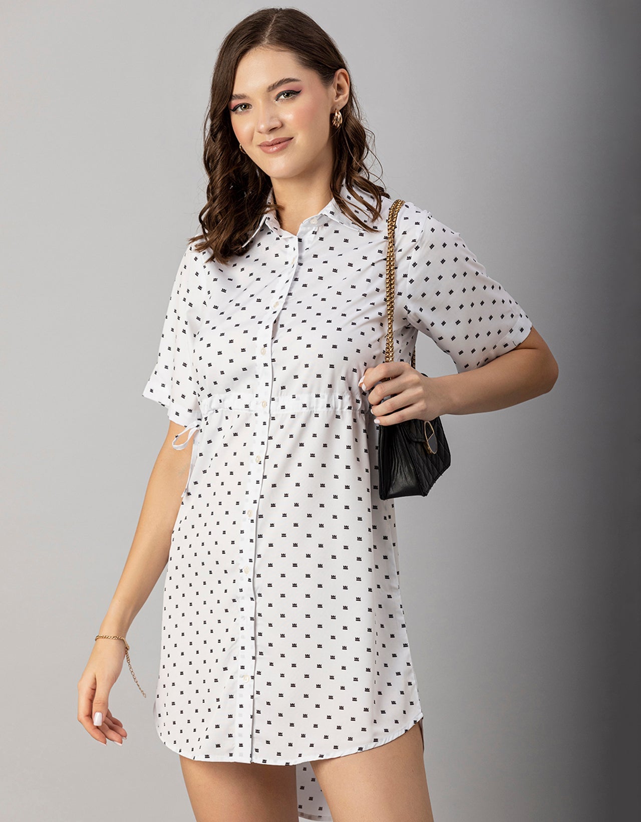 Printed Elbow Sleeves Collared Dress