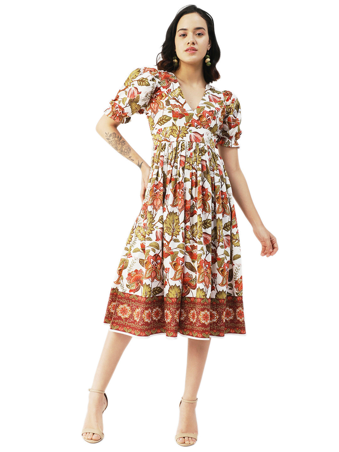 Cotton Flared Dress, V-Neck Maxi