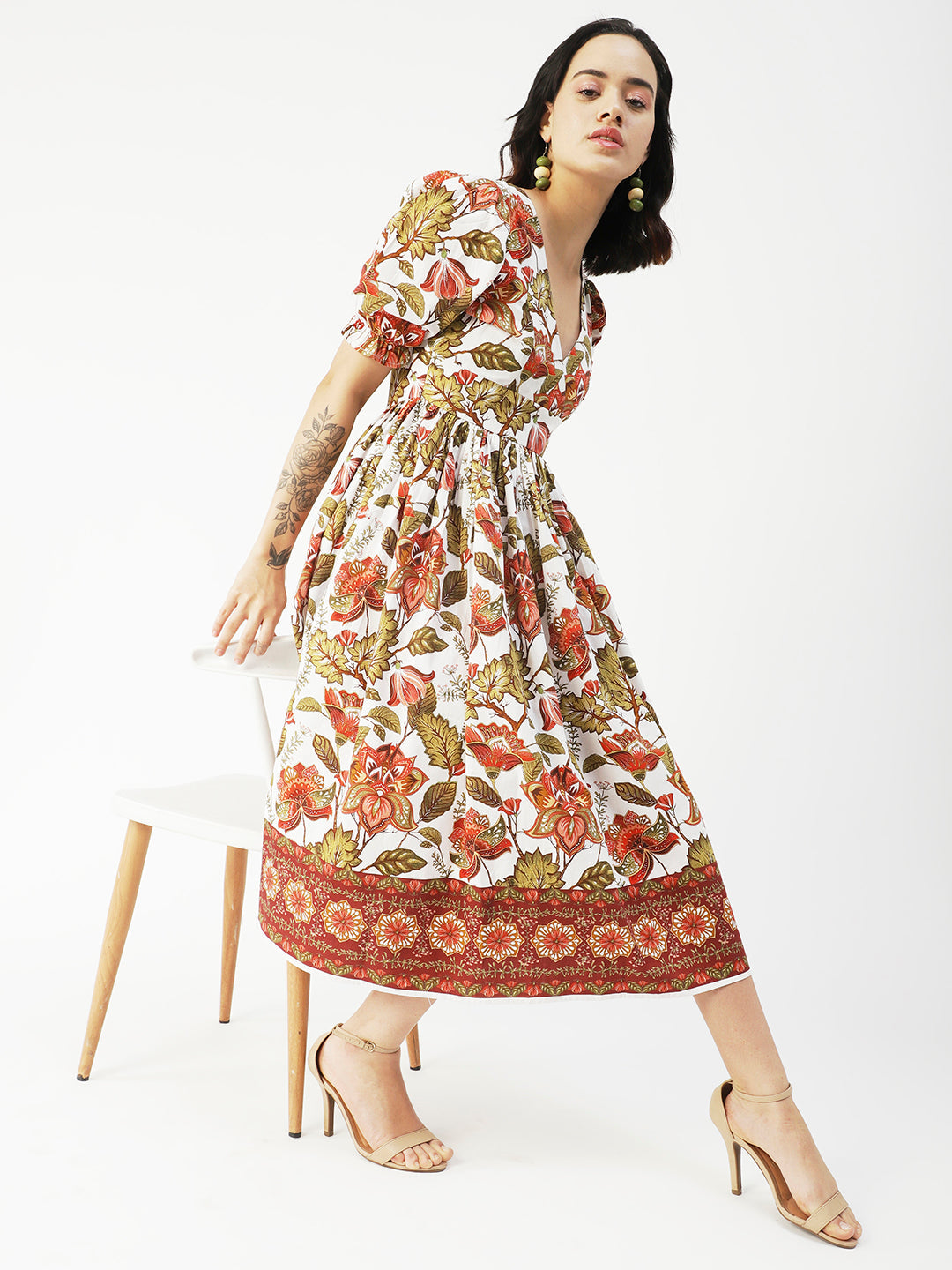 Cotton Flared Dress, V-Neck Maxi