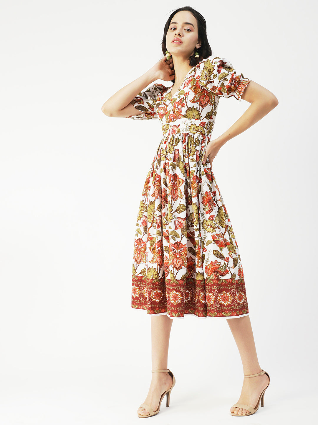 Cotton Flared Dress, V-Neck Maxi