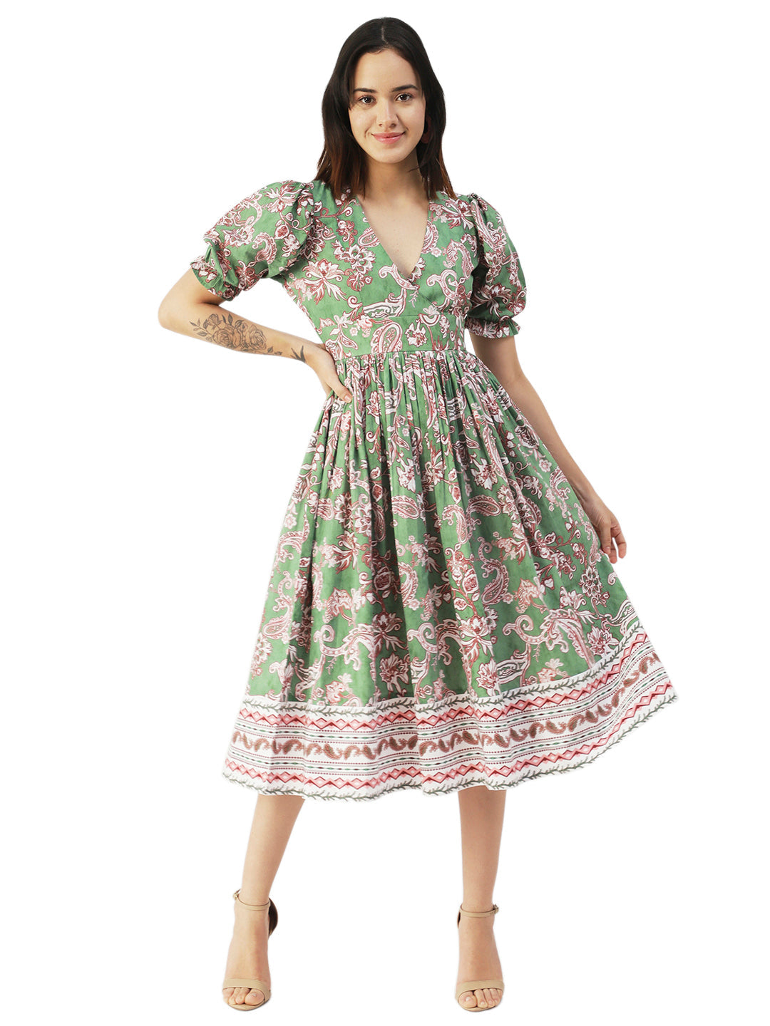 Cotton Flared Dress, V-Neck Maxi