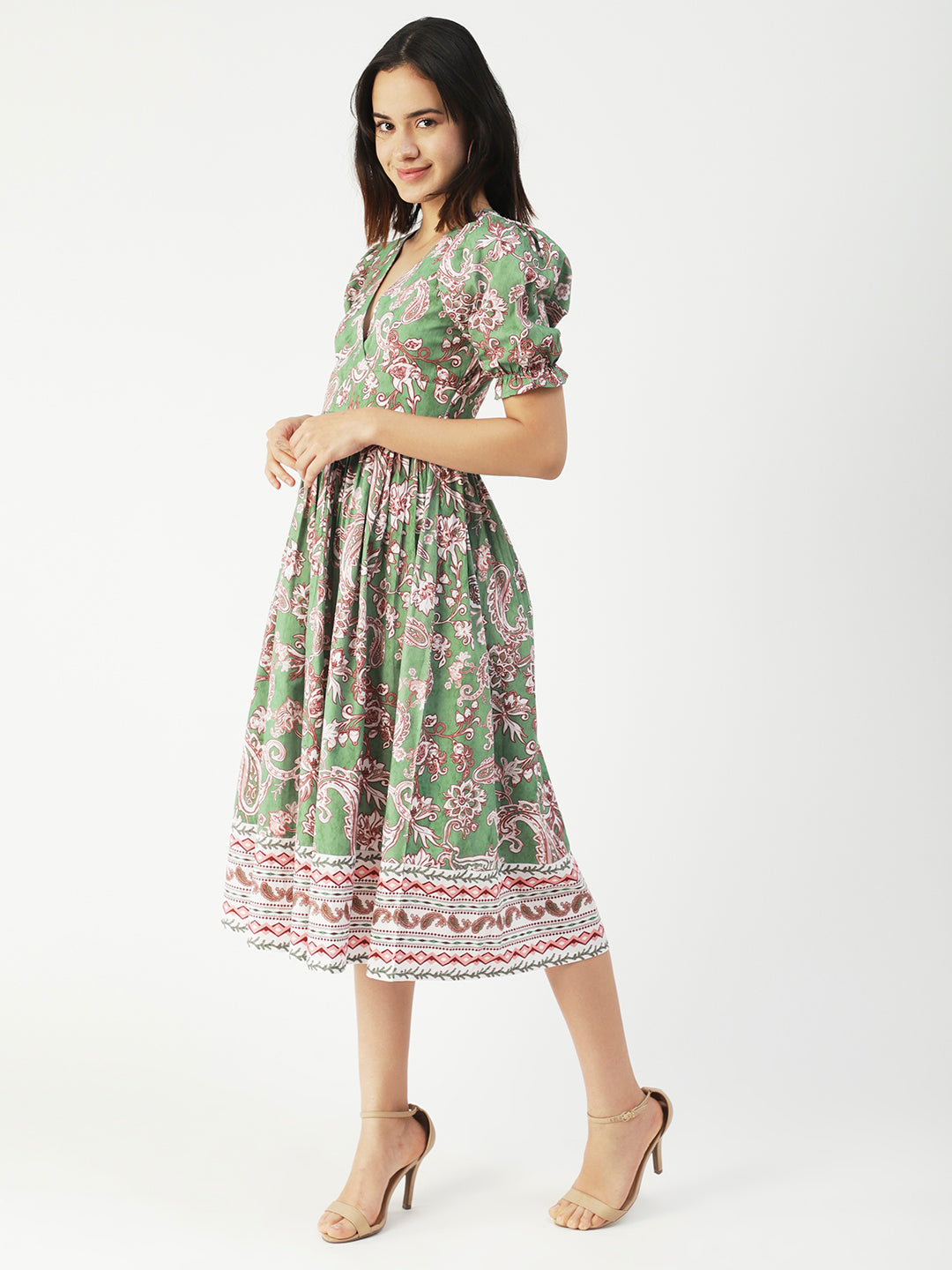 Cotton Flared Dress, V-Neck Maxi