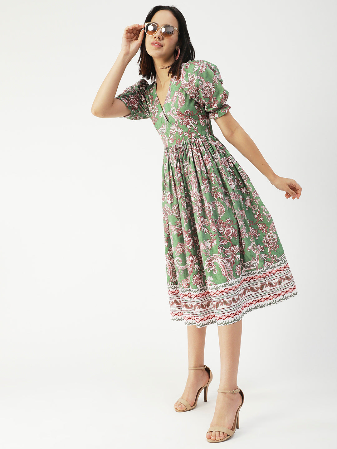 Cotton Flared Dress, V-Neck Maxi
