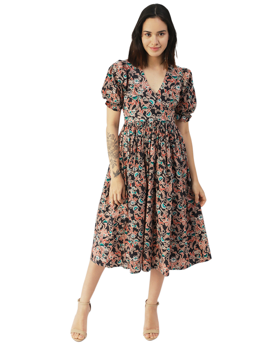 Cotton Flared Dress, V-Neck Maxi