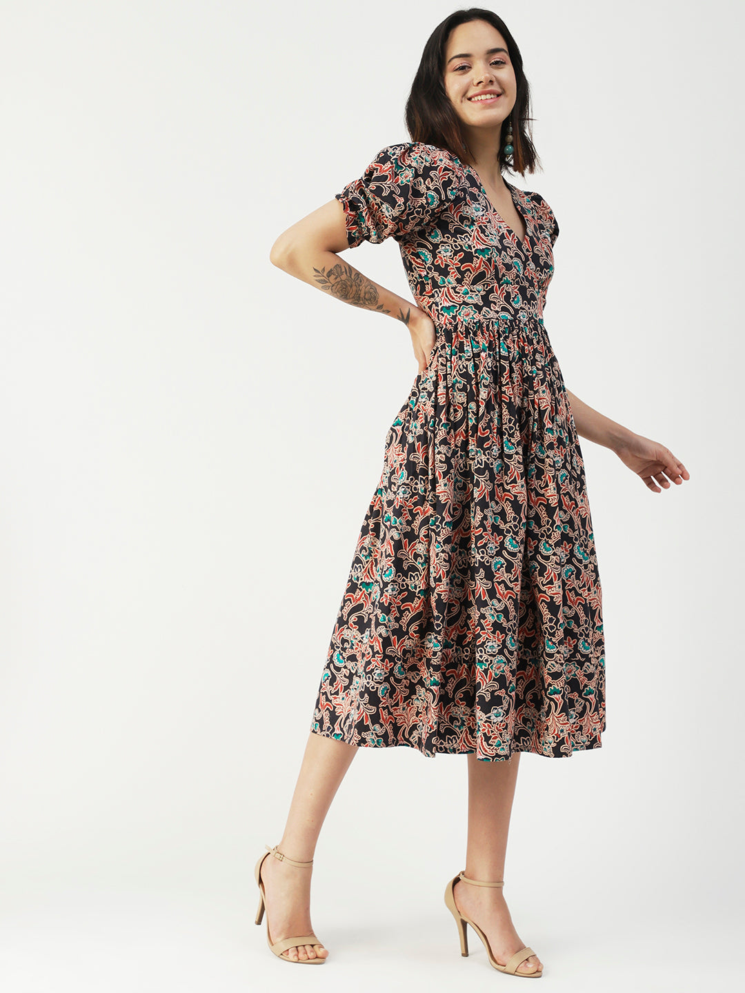Cotton Flared Dress, V-Neck Maxi