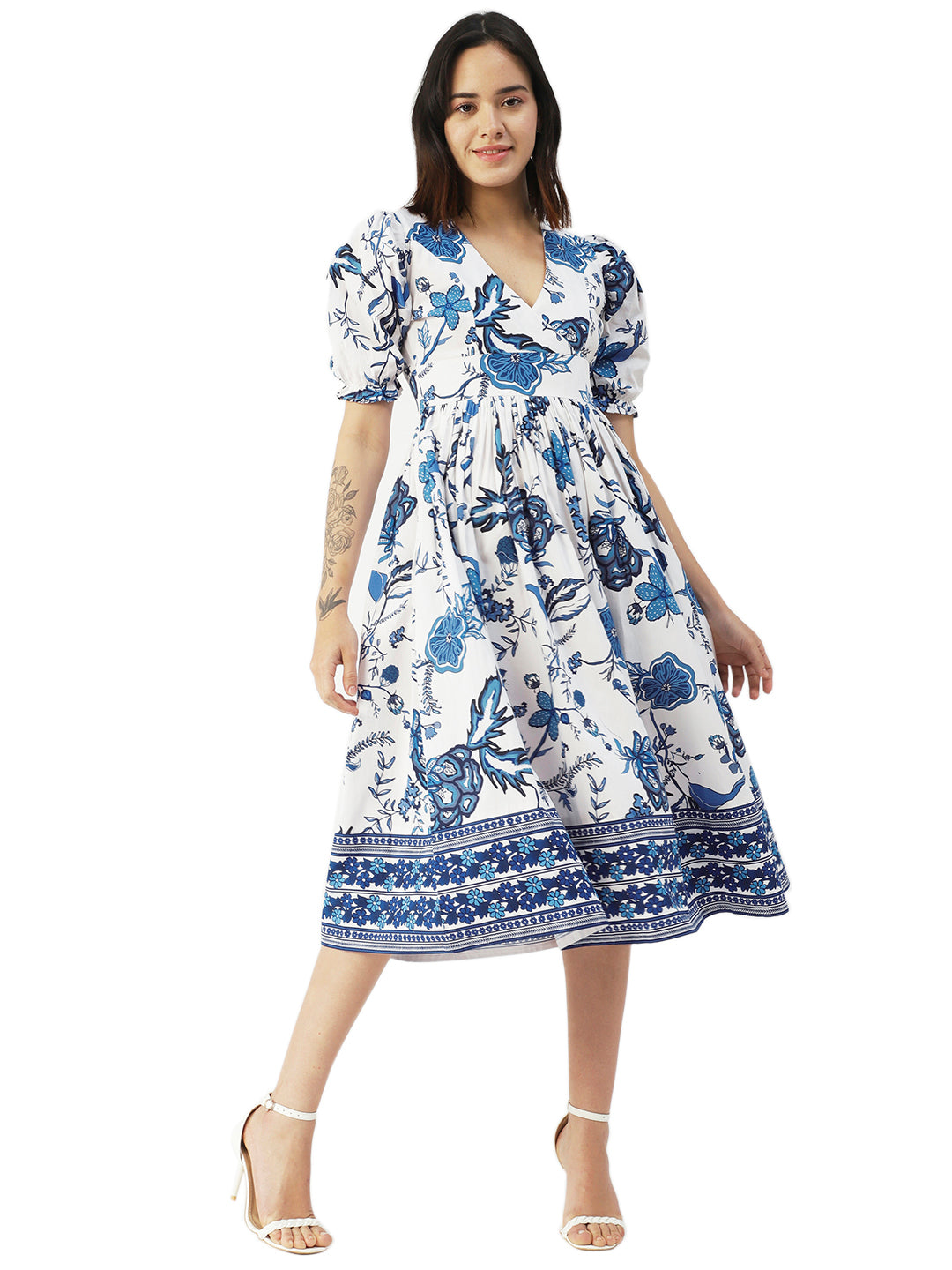 Cotton Flared Dress, V-Neck Maxi