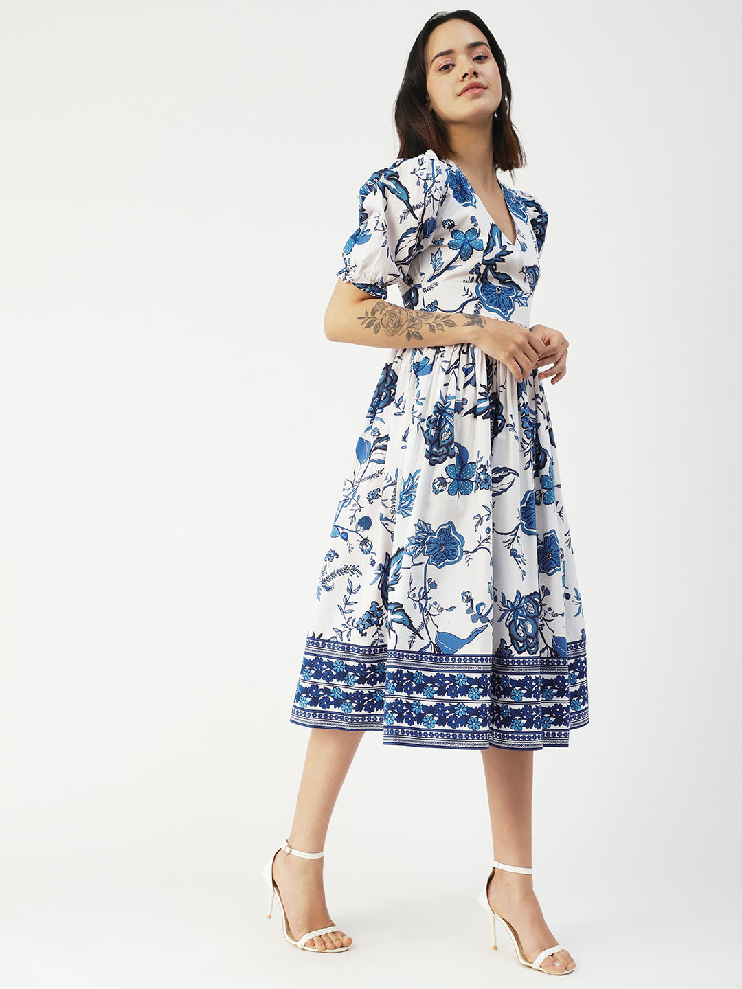 Cotton Flared Dress, V-Neck Maxi