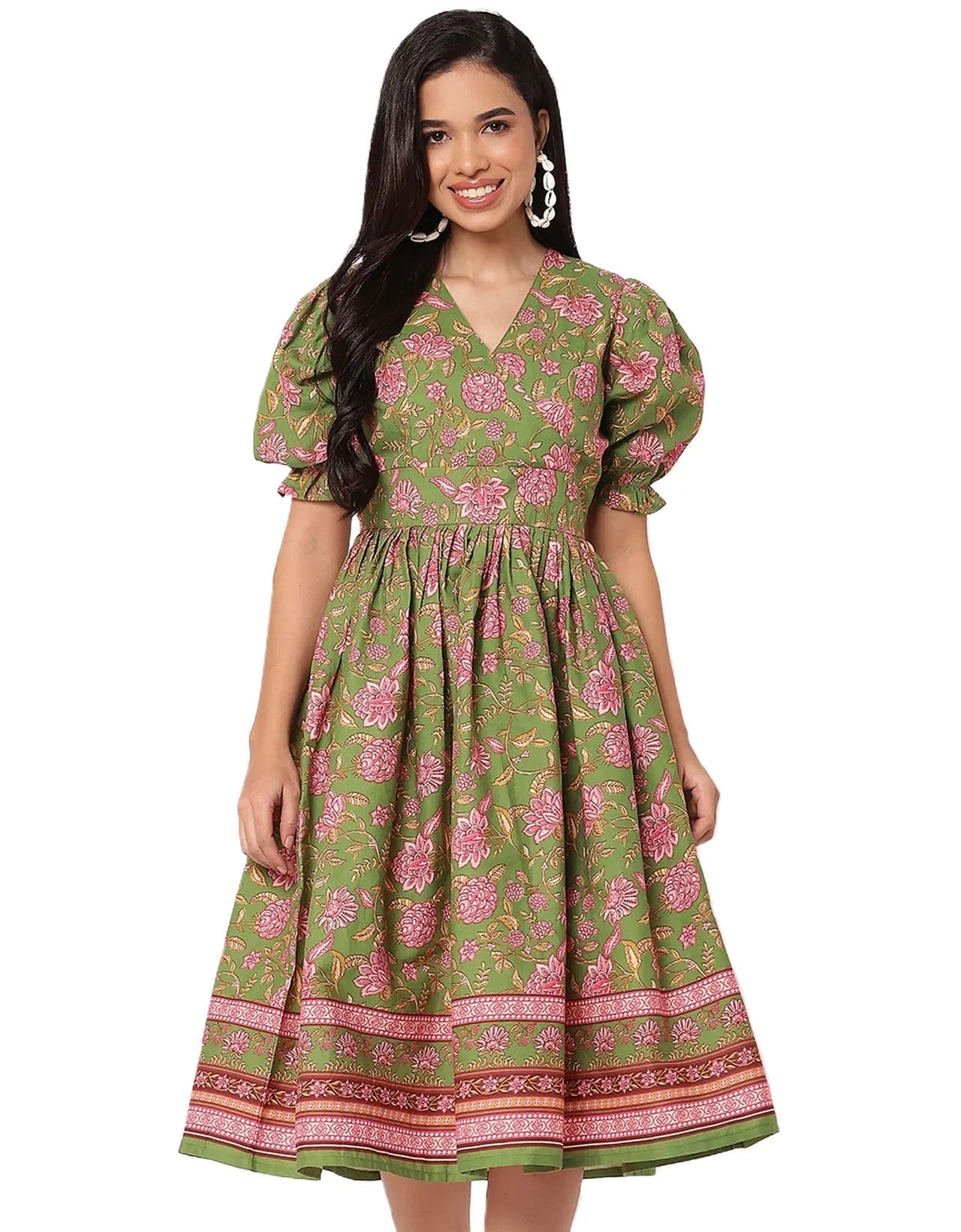 V-Neck Puffed Sleeves Maxi Dress For Women