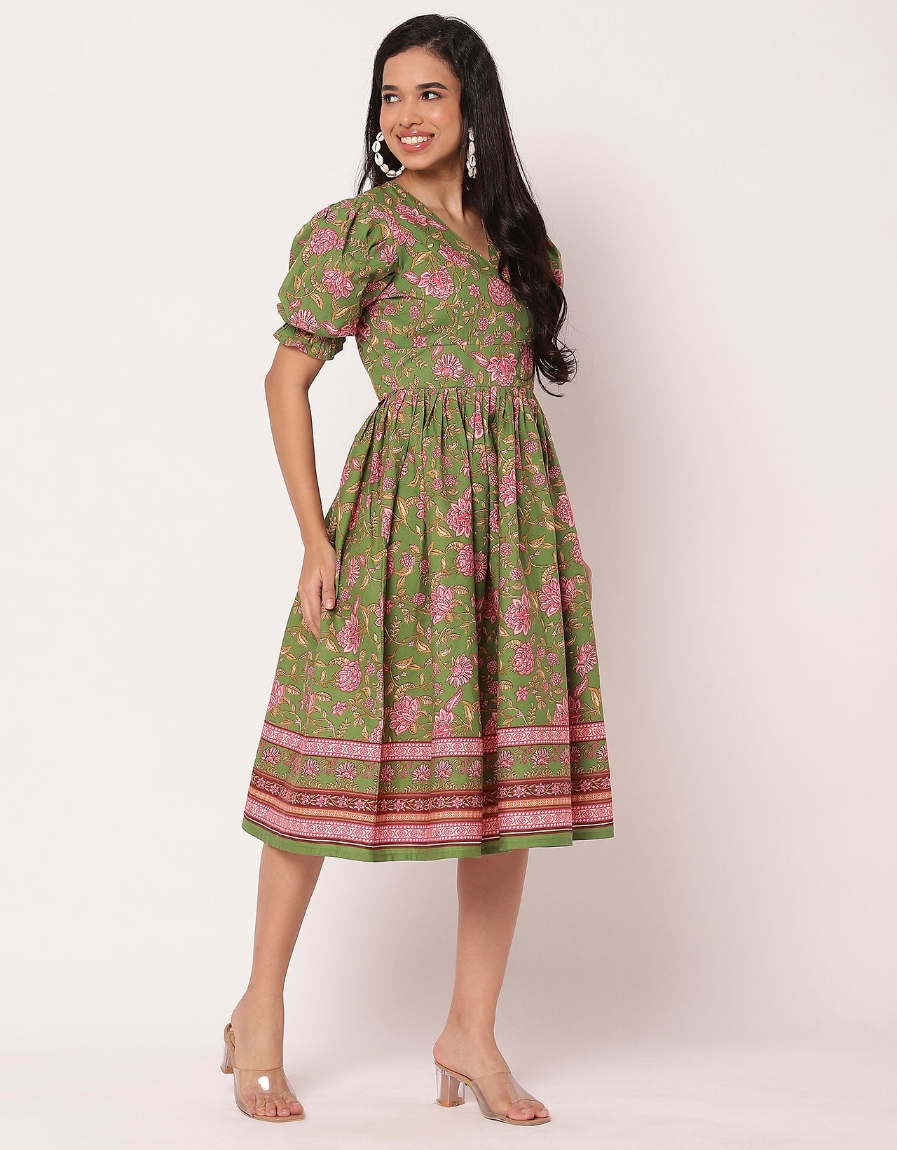 V-Neck Puffed Sleeves Maxi Dress For Women