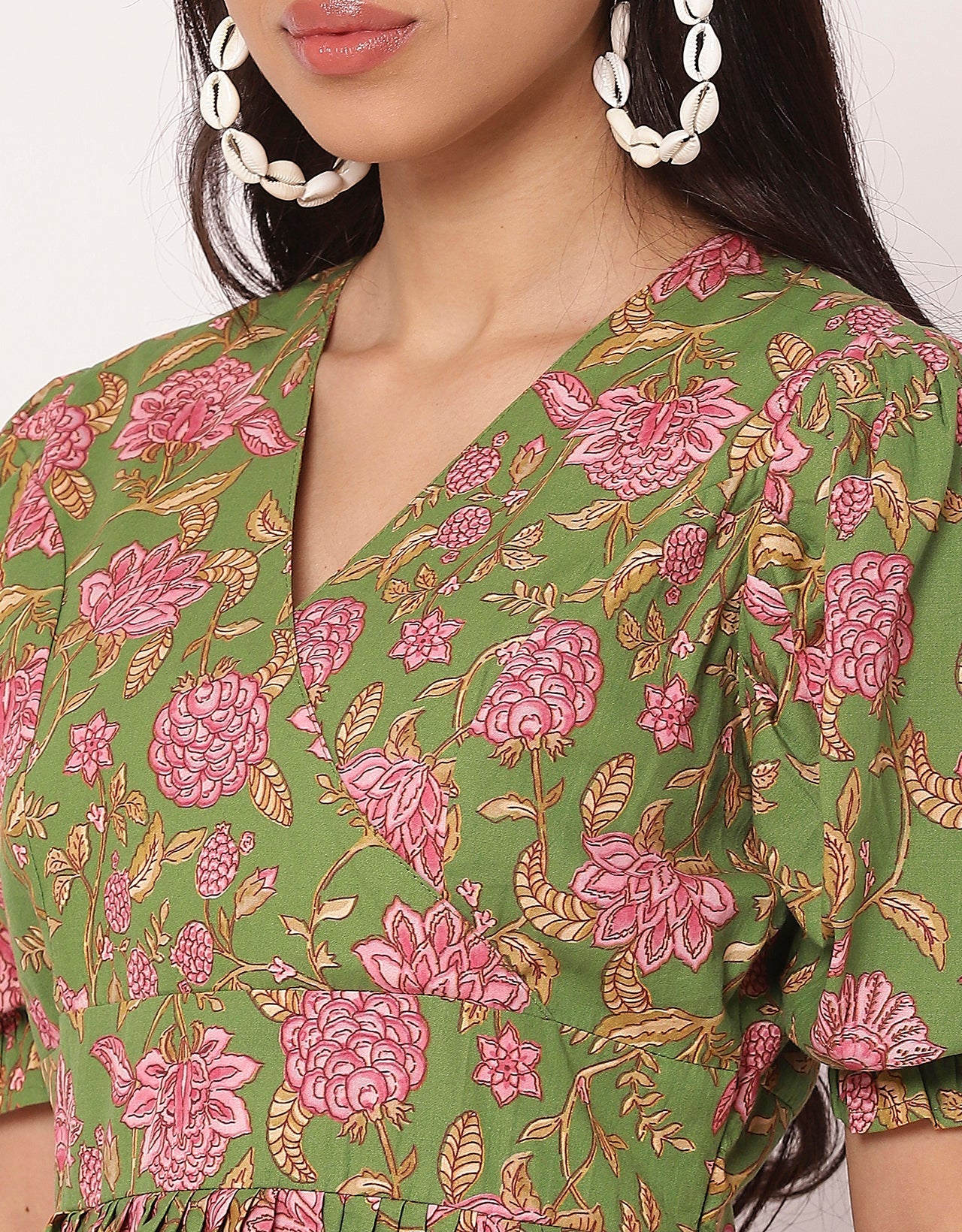 V-Neck Puffed Sleeves Maxi Dress For Women