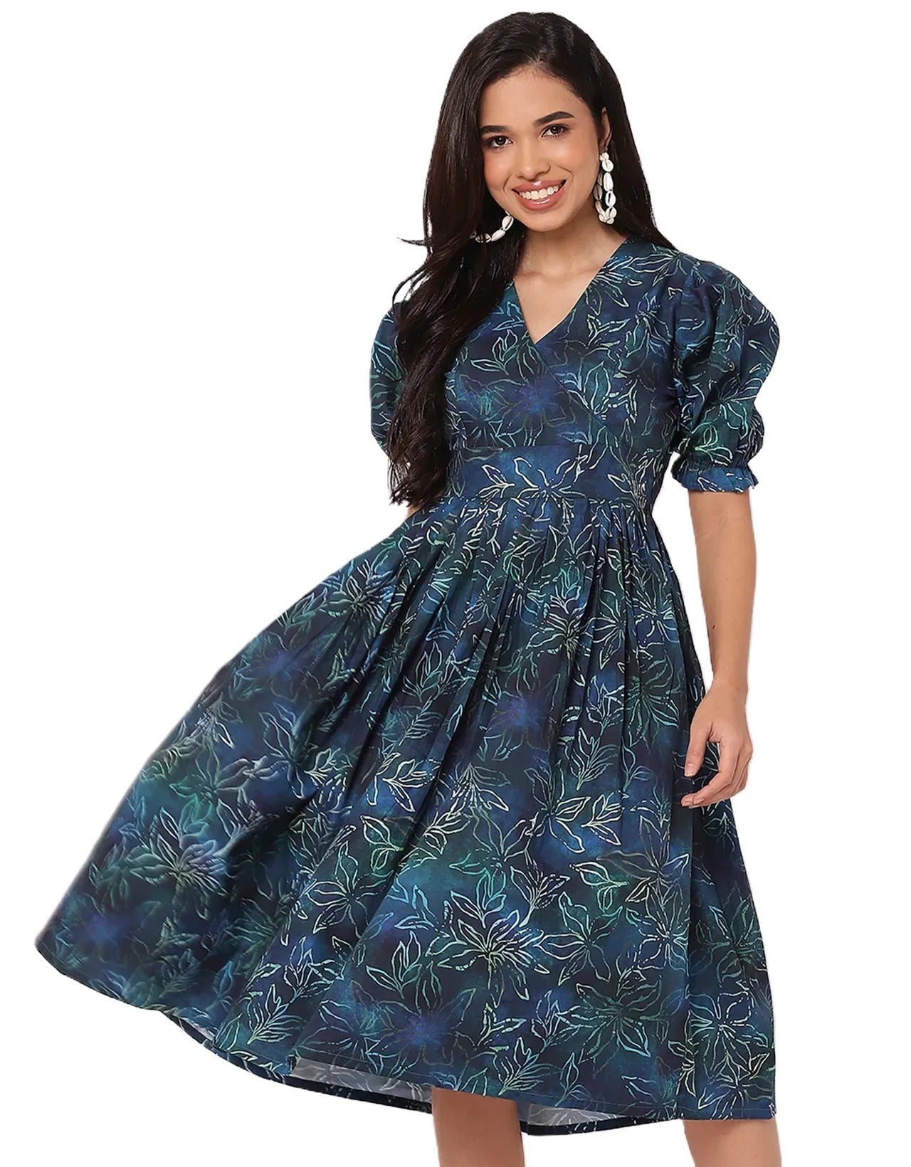 V-Neck Puffed Sleeves Maxi Dress For Women