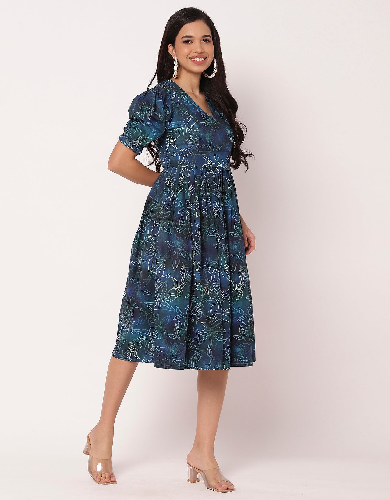V-Neck Puffed Sleeves Maxi Dress For Women