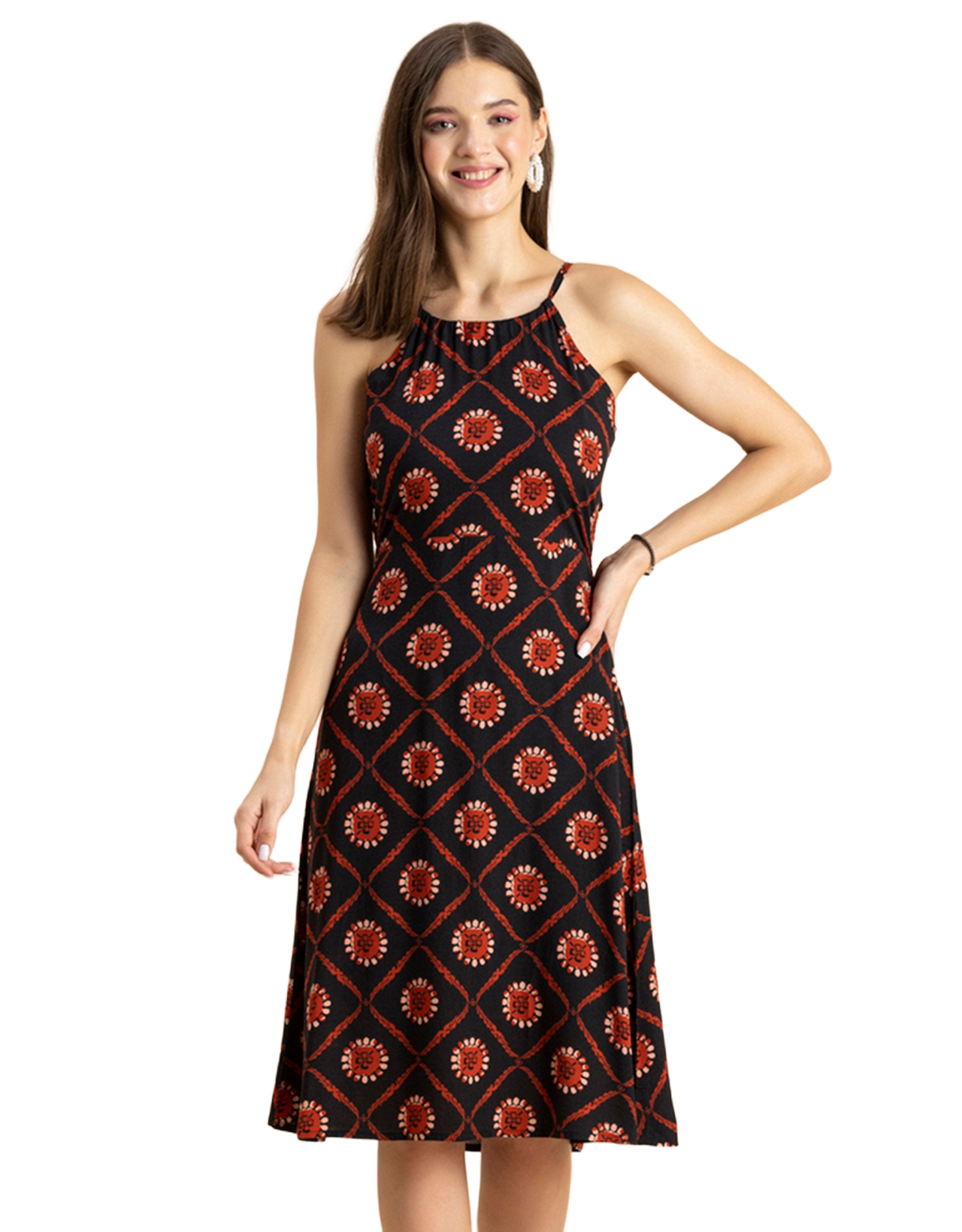 Printed Halter Neck Dress, Knee