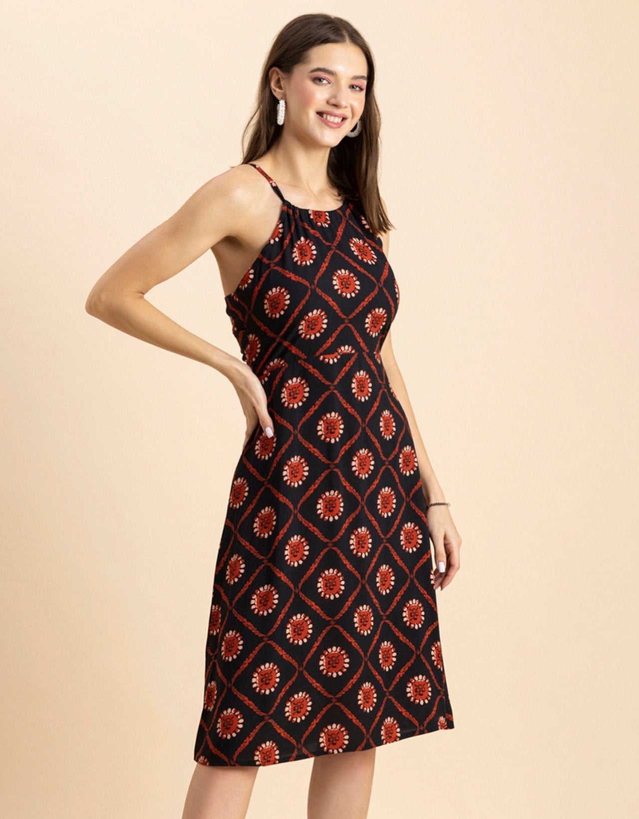 Printed Halter Neck Dress, Knee
