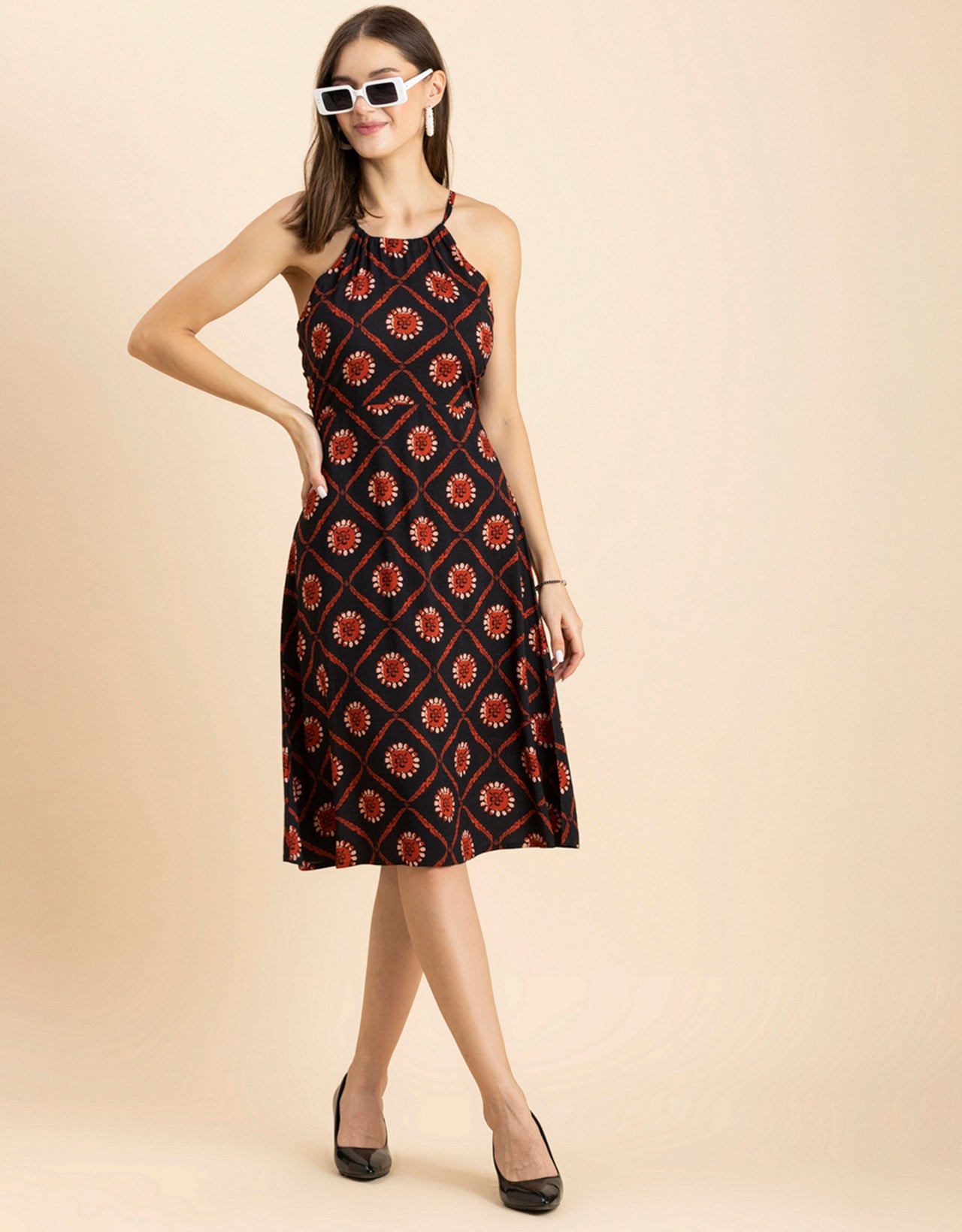 Printed Halter Neck Dress, Knee