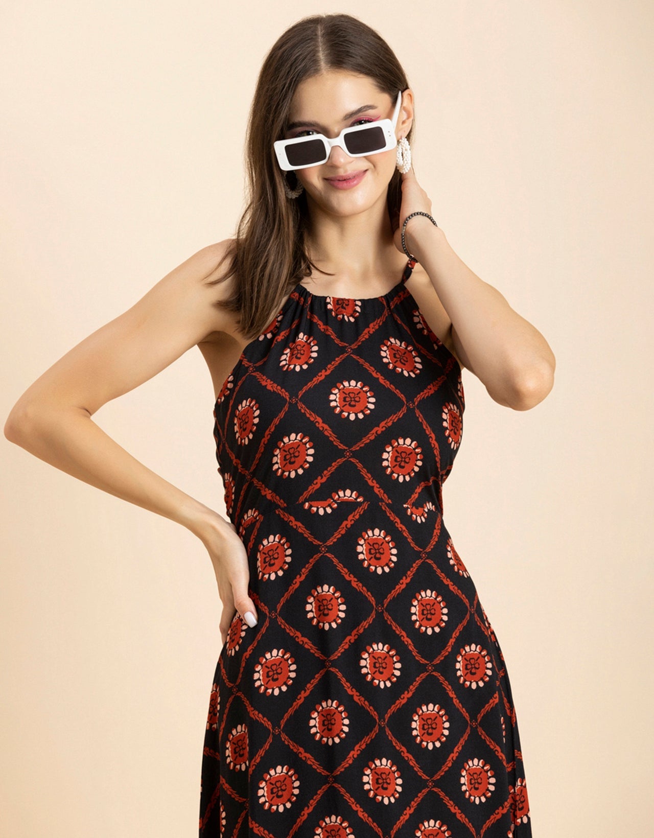 Printed Halter Neck Dress, Knee