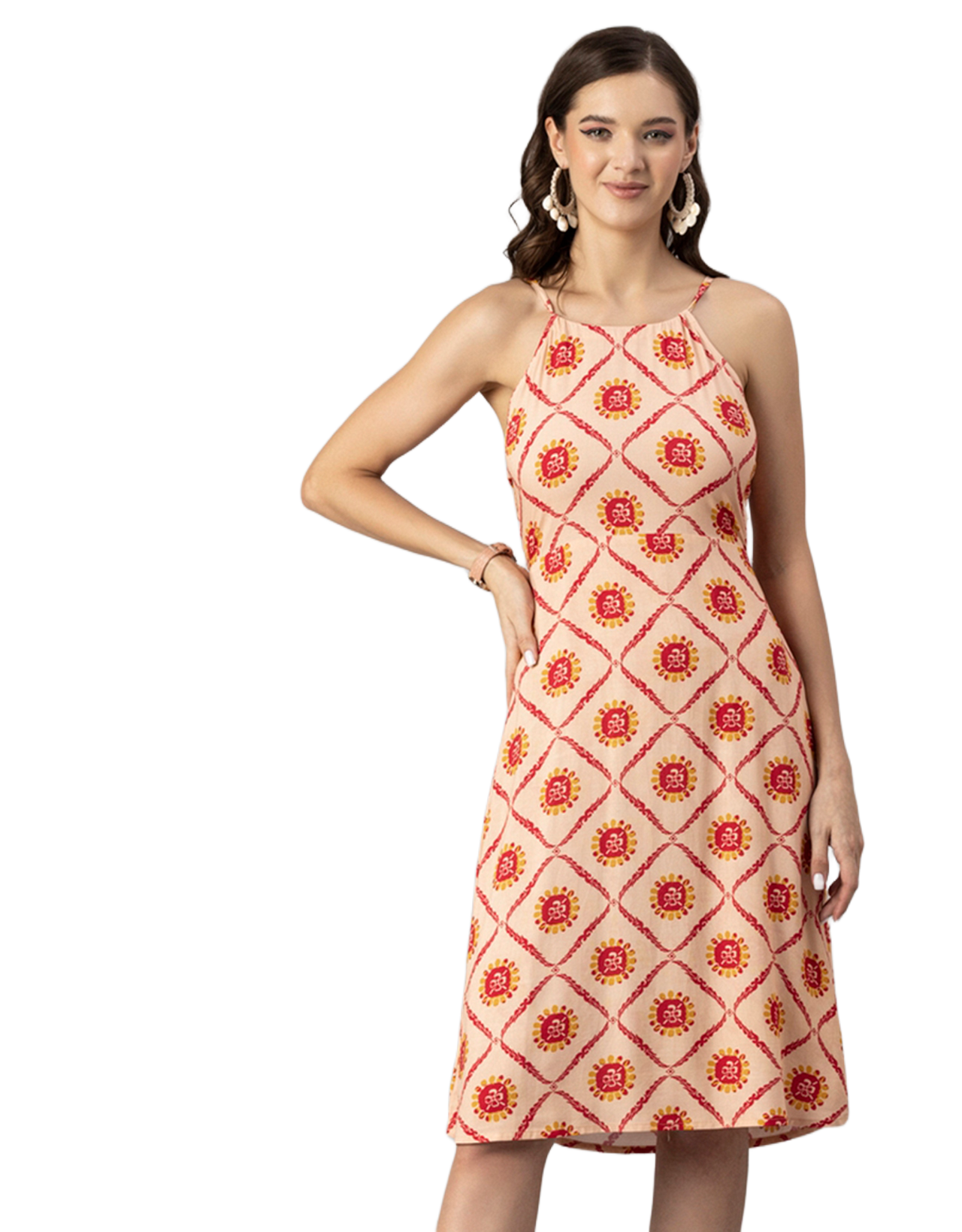 Printed Halter Neck Dress, Knee