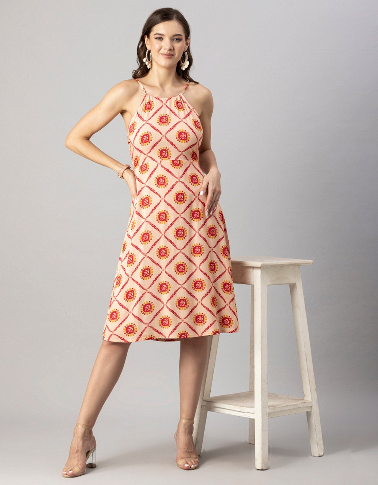 Printed Halter Neck Dress, Knee