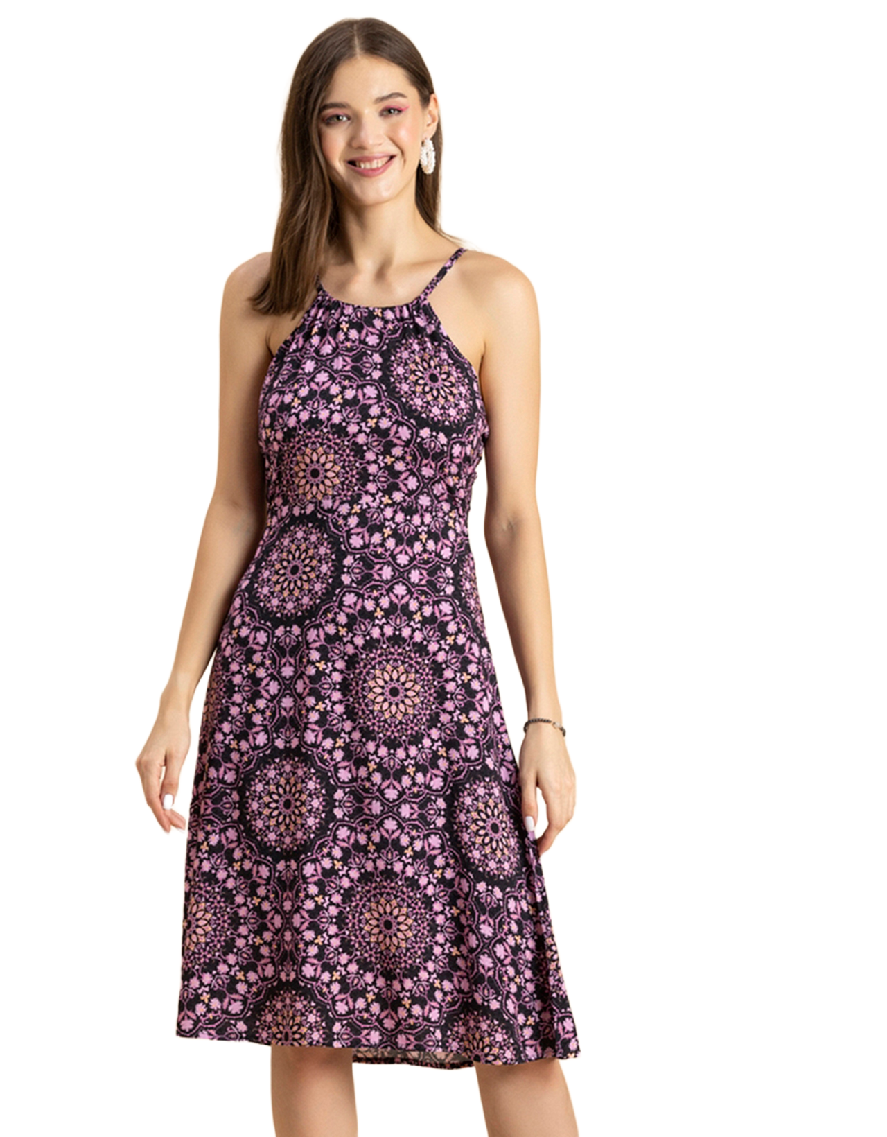 Printed Halter Neck Dress, Knee