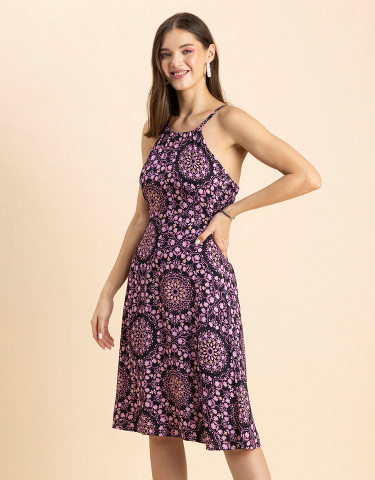 Printed Halter Neck Dress, Knee