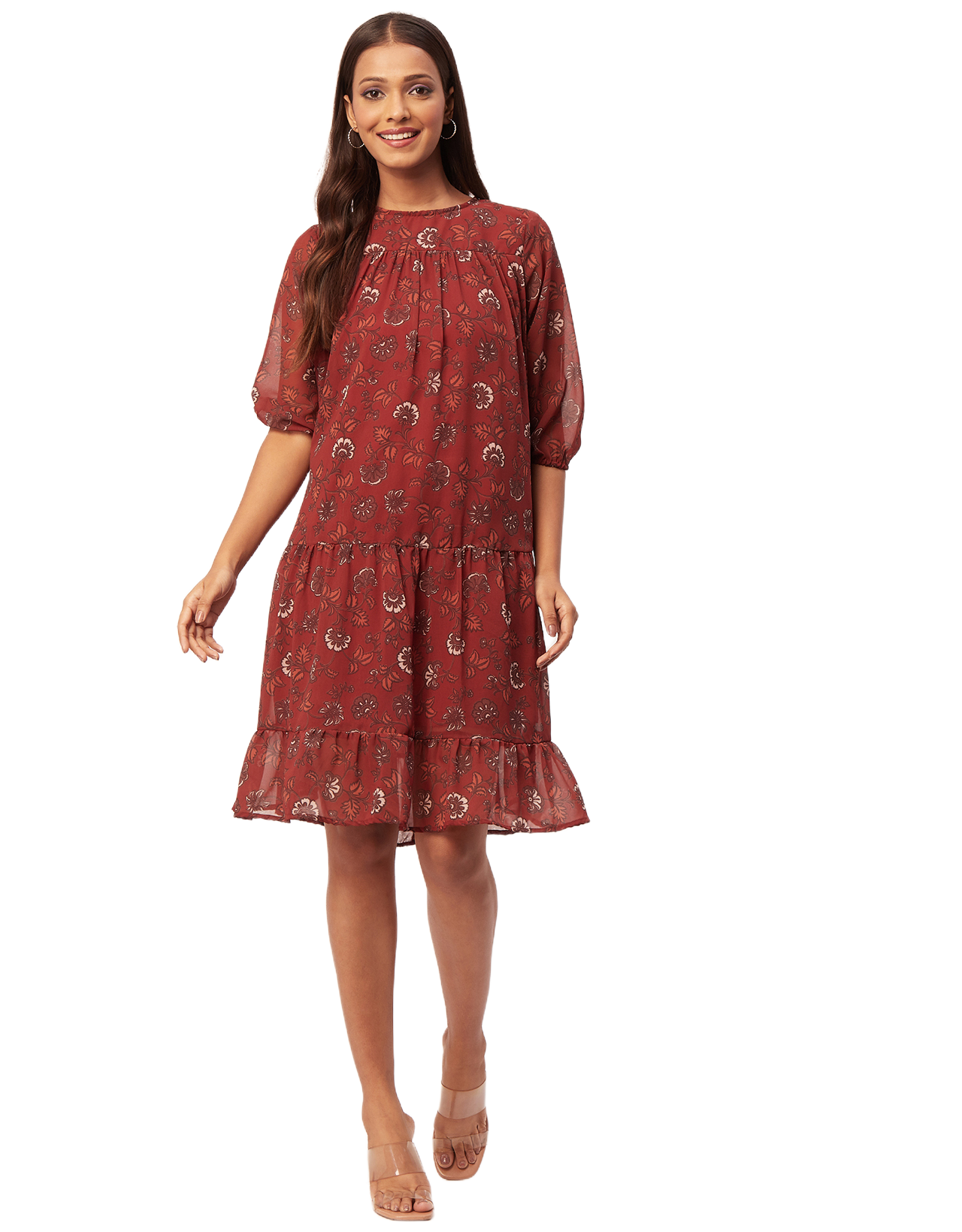 Printed Chiffon Dress, Puffed Rust