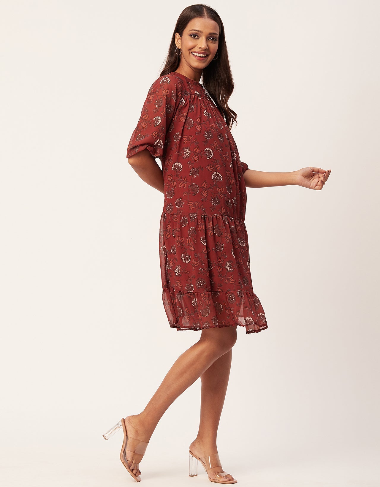Printed Chiffon Dress, Puffed Rust