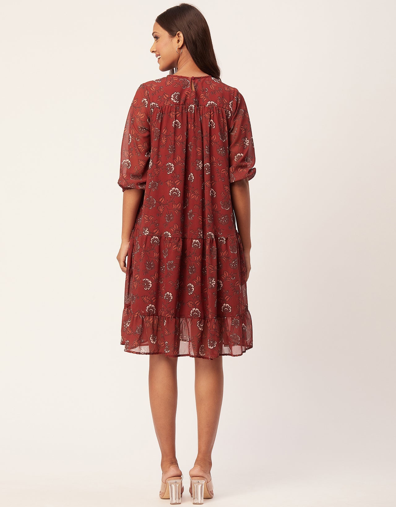 Printed Chiffon Dress, Puffed Rust