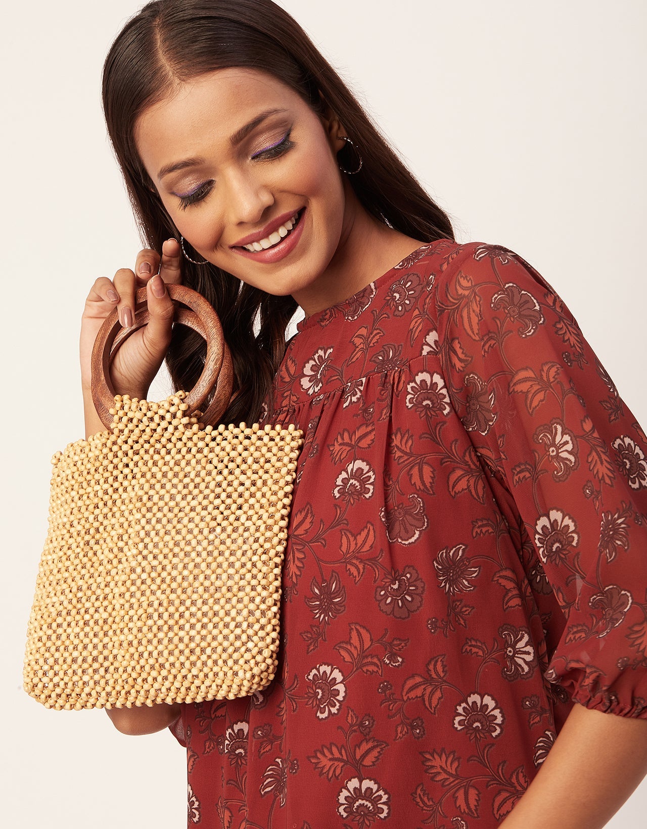 Printed Chiffon Dress, Puffed Rust