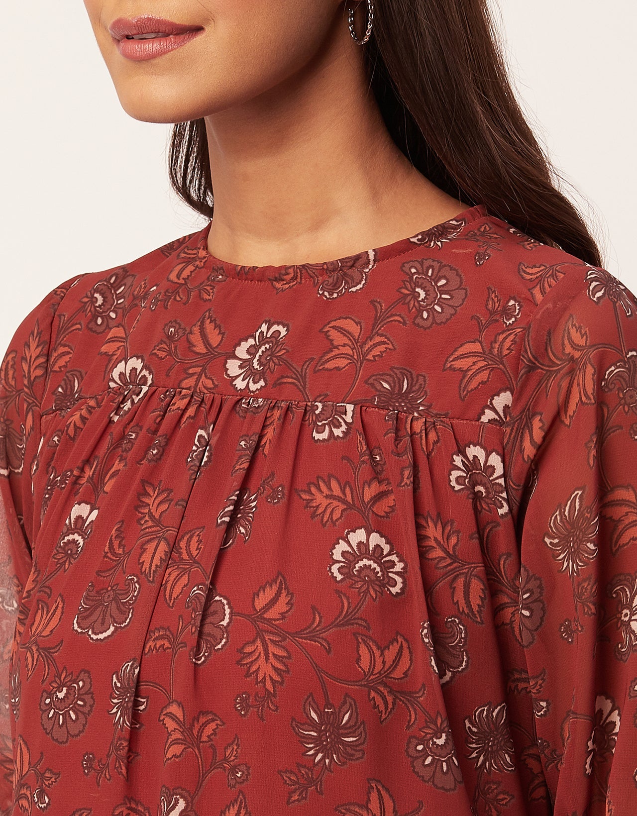Printed Chiffon Dress, Puffed Rust