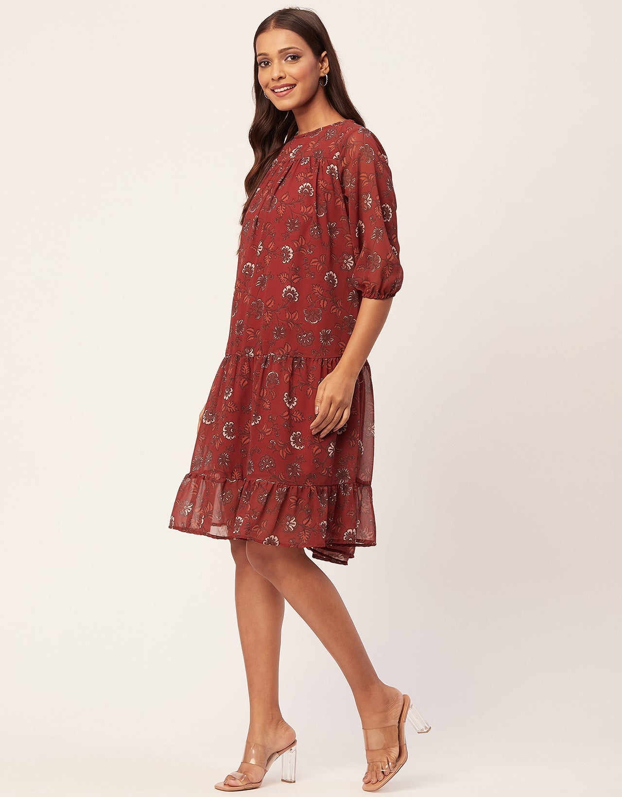 Printed Chiffon Dress, Puffed Rust