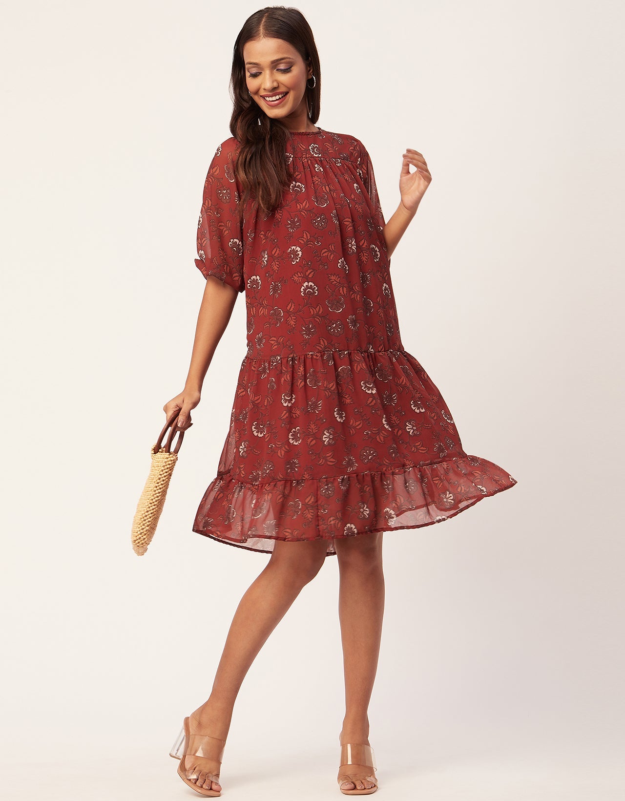 Printed Chiffon Dress, Puffed Rust