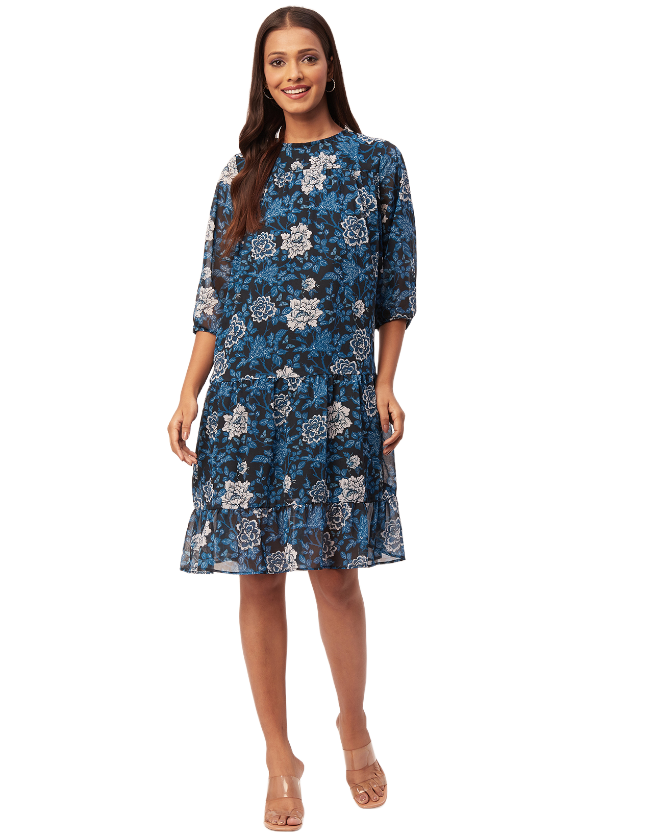 Printed Chiffon Dress, Puffed Rust