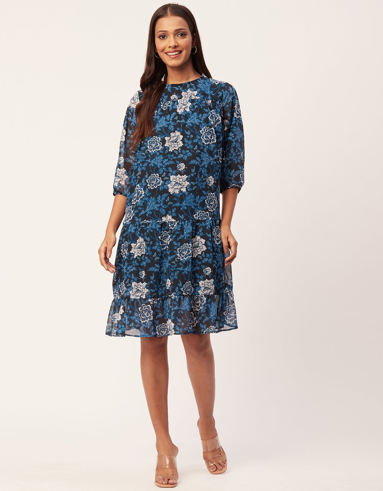 Printed Chiffon Dress, Puffed Rust
