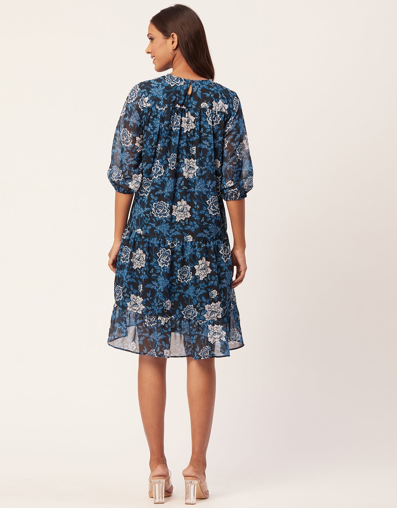 Printed Chiffon Dress, Puffed Rust